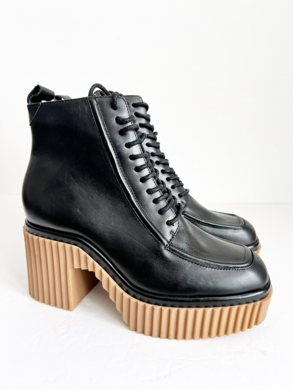 Gianni Bini Black Lace-Up Platform Ankle Boots with Tan Lug Sole